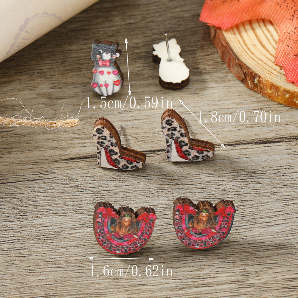 Wholesale Valentine's Day High Heels, Kitten Wooden Earrings